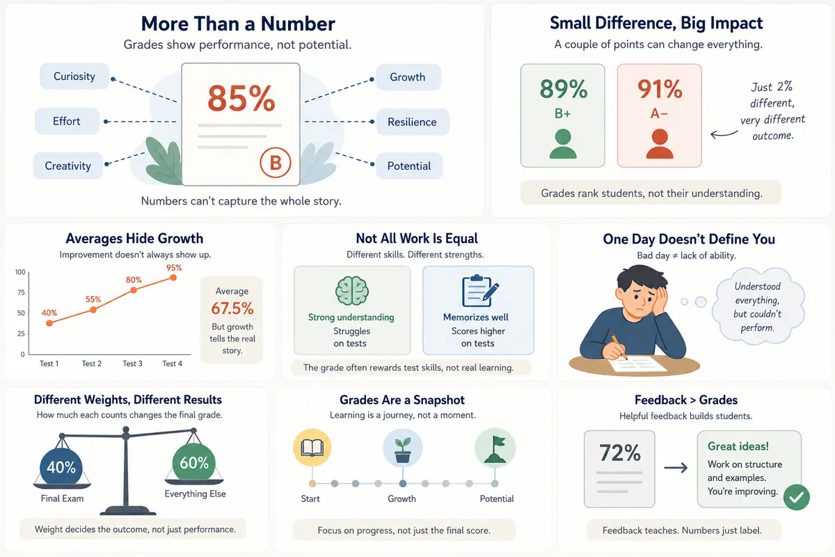 Infographic showing eight problems with traditional grading, including hidden growth, test anxiety, and feedback versus grades